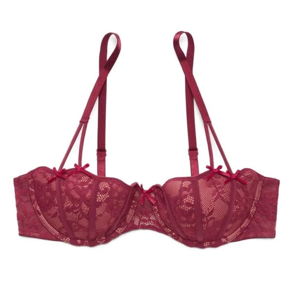 Adore Me 32DDD Dusana Dark Red Lace Push Up Bra Underwired Balconette